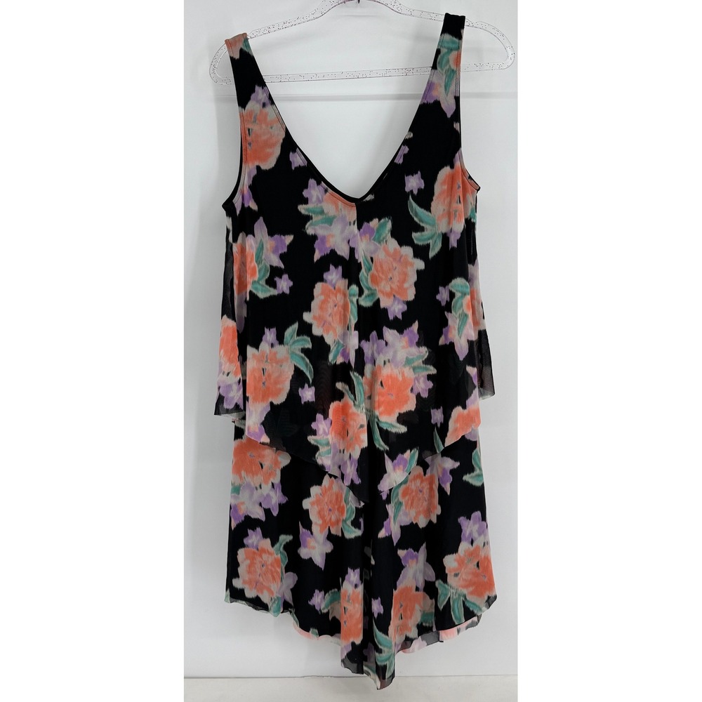 Beach House Womens Floral Mesh Tiered Swim Cover Up Dress Black Orange Sz S